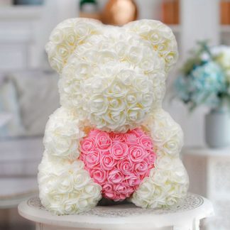 Medvídek z růží bílý s růžovým srdcem - 40cm