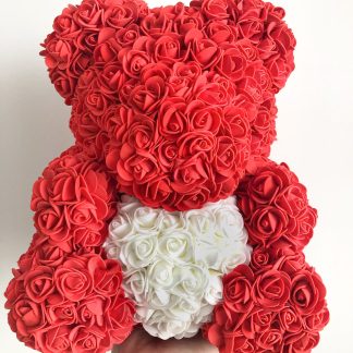 Medvídek z růží červený s bílým srdcem - 40cm