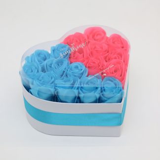 Modrý a růžový saténový květinový box se srdcem z růží - "MEDIUM"