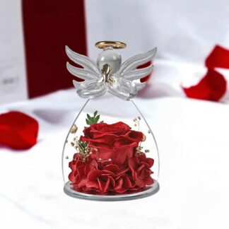 Stabilizovaná červená růže ve skleněném andílkovi se zlatou svatozáří – Anděl věčného života