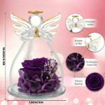 Fialová růže ve skleněném andílkovi – boční pohled na křídla a svatozář