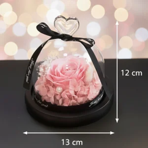 Premium věčná růžová růže ve skleněné kopuli se srdíčkem