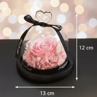 Premium věčná růžová růže ve skleněné kopuli se srdíčkem