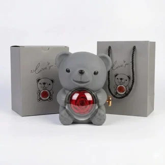 Šedý medvídek s věčnou růží – šperkovnice s dárkovým balením „Love You"