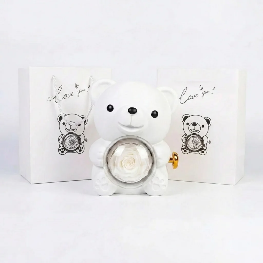 Bílý medvídek s věčnou růží – šperkovnice s dárkovým balením „Love You”