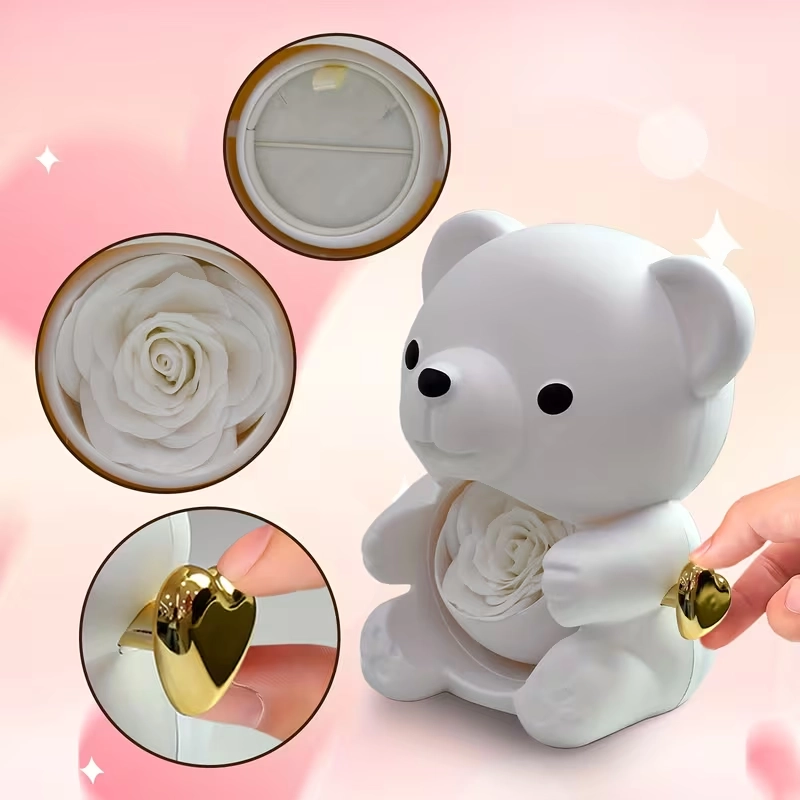 Bílý medvídek s věčnou růží – šperkovnice s dárkovým balením „Love You”