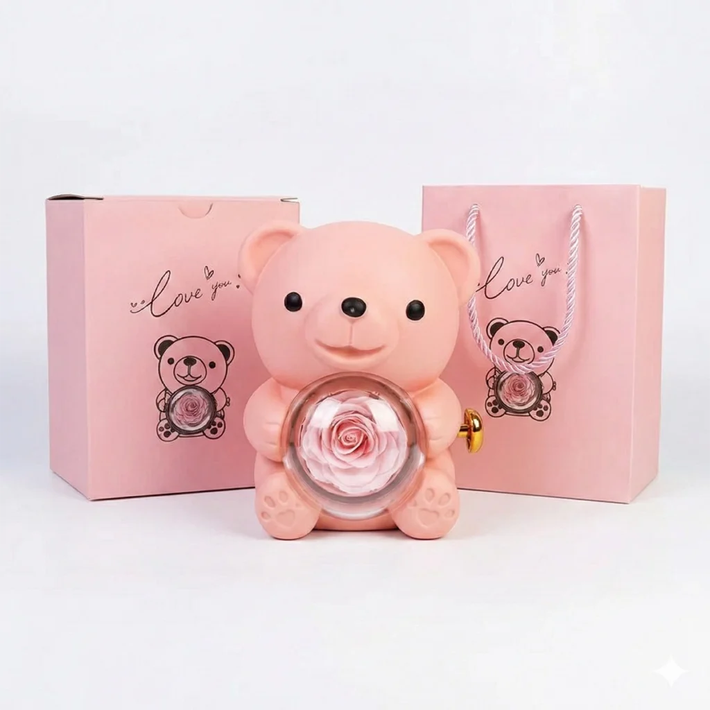 Růžový medvídek s věčnou růží – šperkovnice s dárkovým balením „Love You”