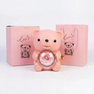 Růžový medvídek s věčnou růží – šperkovnice s dárkovým balením „Love You"