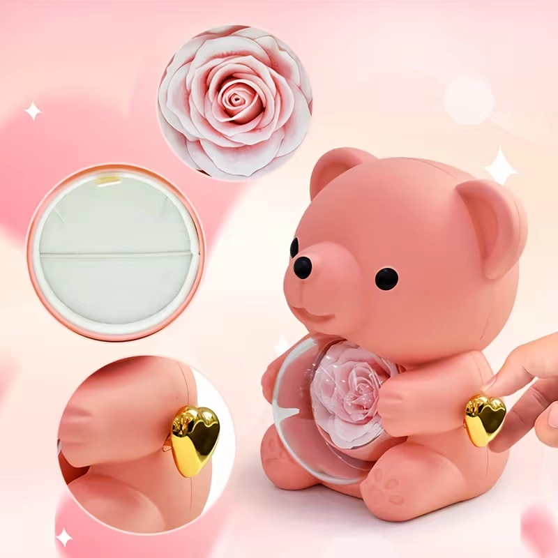 Růžový medvídek s věčnou růží – šperkovnice s dárkovým balením „Love You”