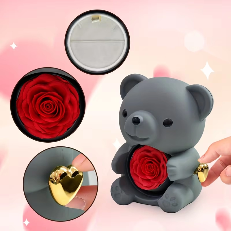 Šedý medvídek s věčnou růží – šperkovnice s dárkovým balením „Love You”