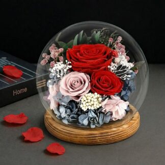 Červené věčné růže ve skleněné kouli na dřevěném podstavci