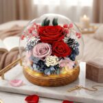 Květinová kompozice ve skle – červené a starorůžové umělé růže