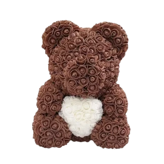 Hnědý medvídek z růží 40 cm s bílým srdcem – čokoládový dárek