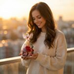 Skleněný andílek se čtyřmi červenými stabilizovanými růžemi a růžovou hortenzií – pohled zepředu