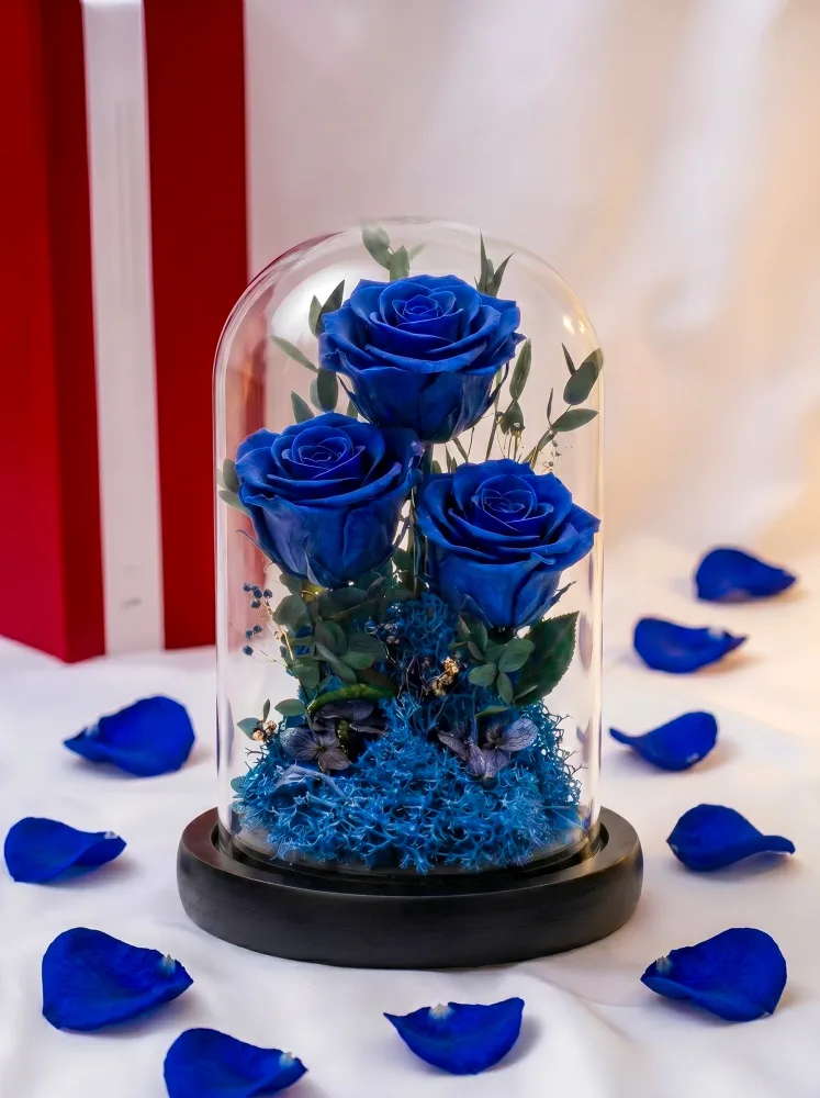 Tmavě modré stabilizované růže ve skle – „Trojí Krása“