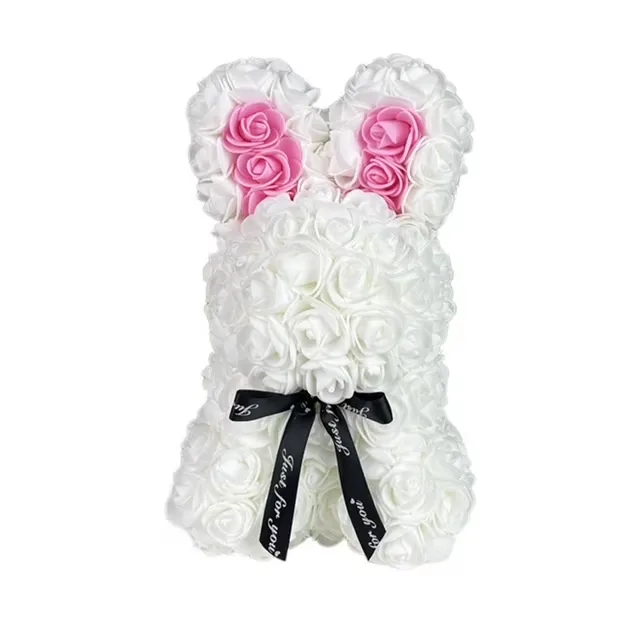 Bílý zajíček z růží s růžovými uškami – 25 cm