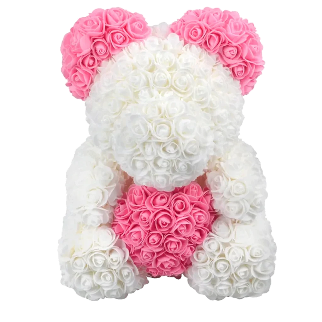 Medvídek z růží bílý s růžovým – 38cm