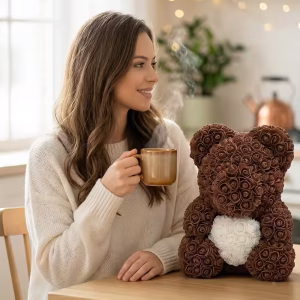 Medvídek z růží hnědý s bílým srdcem – 40cm