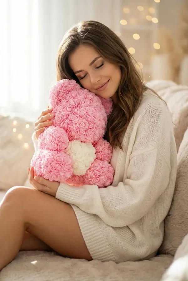 Medvídek z růží jemně růžový s bílým srdcem 40 cm — UARTIK.CZ